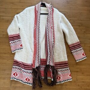 Maxsport Open Front  Cardigan Sweater Southwest Aztec Tribal Fringe Knit Size XL